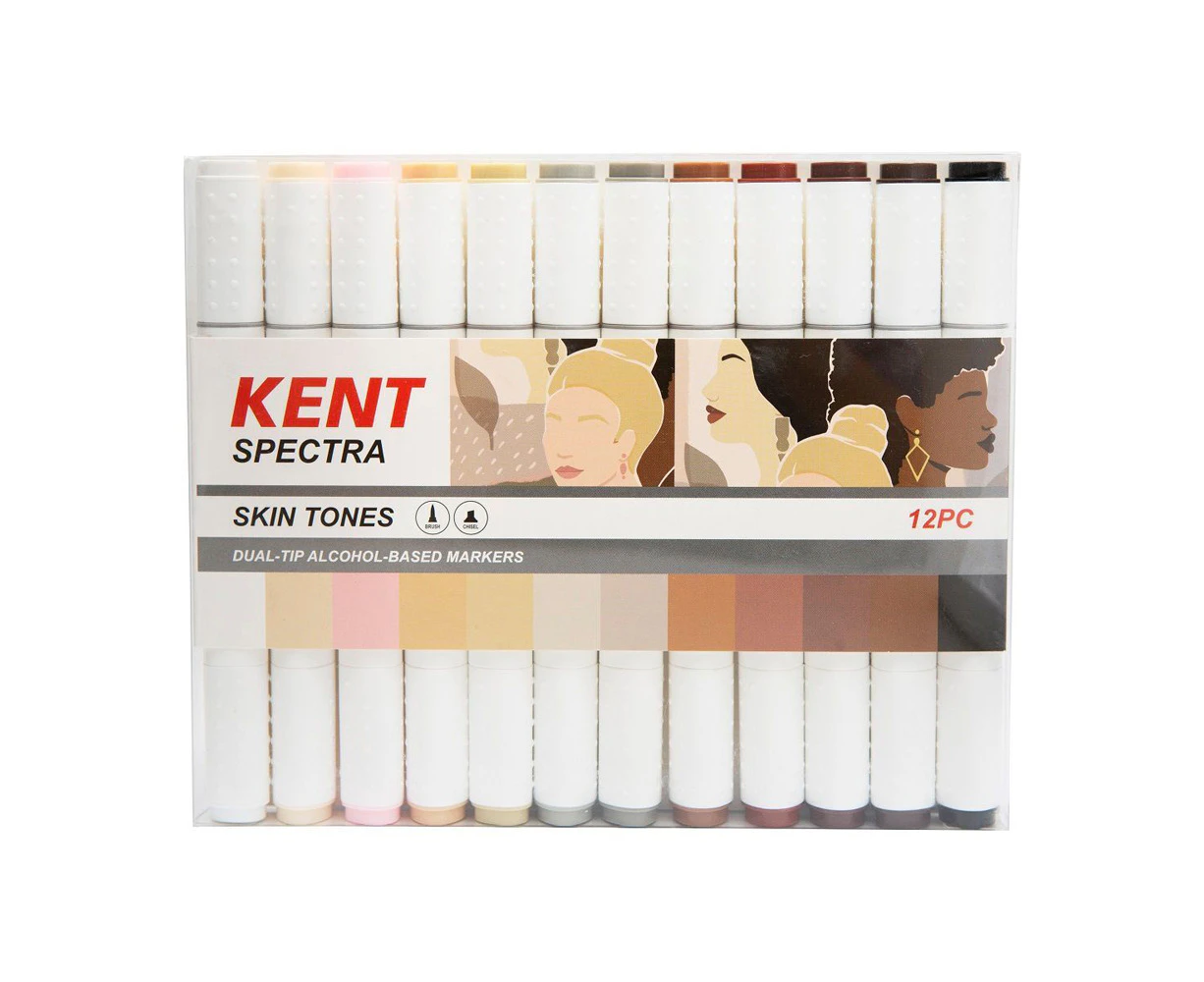 12pc Kent Spectra Graphic Markers Brush Chisel Nib Drawing/Design Skin Tones