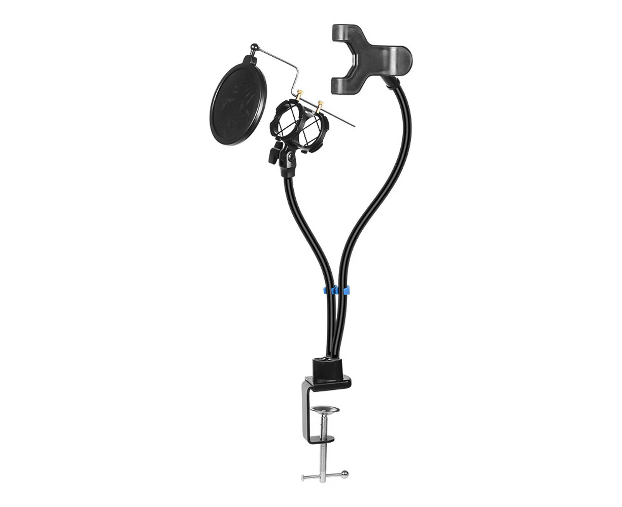 LOYOUTH Microphone Stand 2-in-1 Mic and Smartphone Clip Holder Desktop Microphone Flexible Hose Support for Live Streaming Recording Gaming