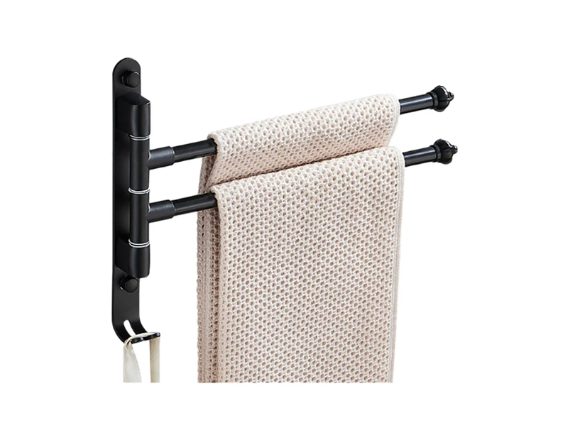 LOYOUTH Swivel Out Towel Racks with Hooks 2-Bars Foldable Arms Bath Towel Hanger Wall Mount Towel Bar Aluminum Towel Holder Organizer for Bathroom