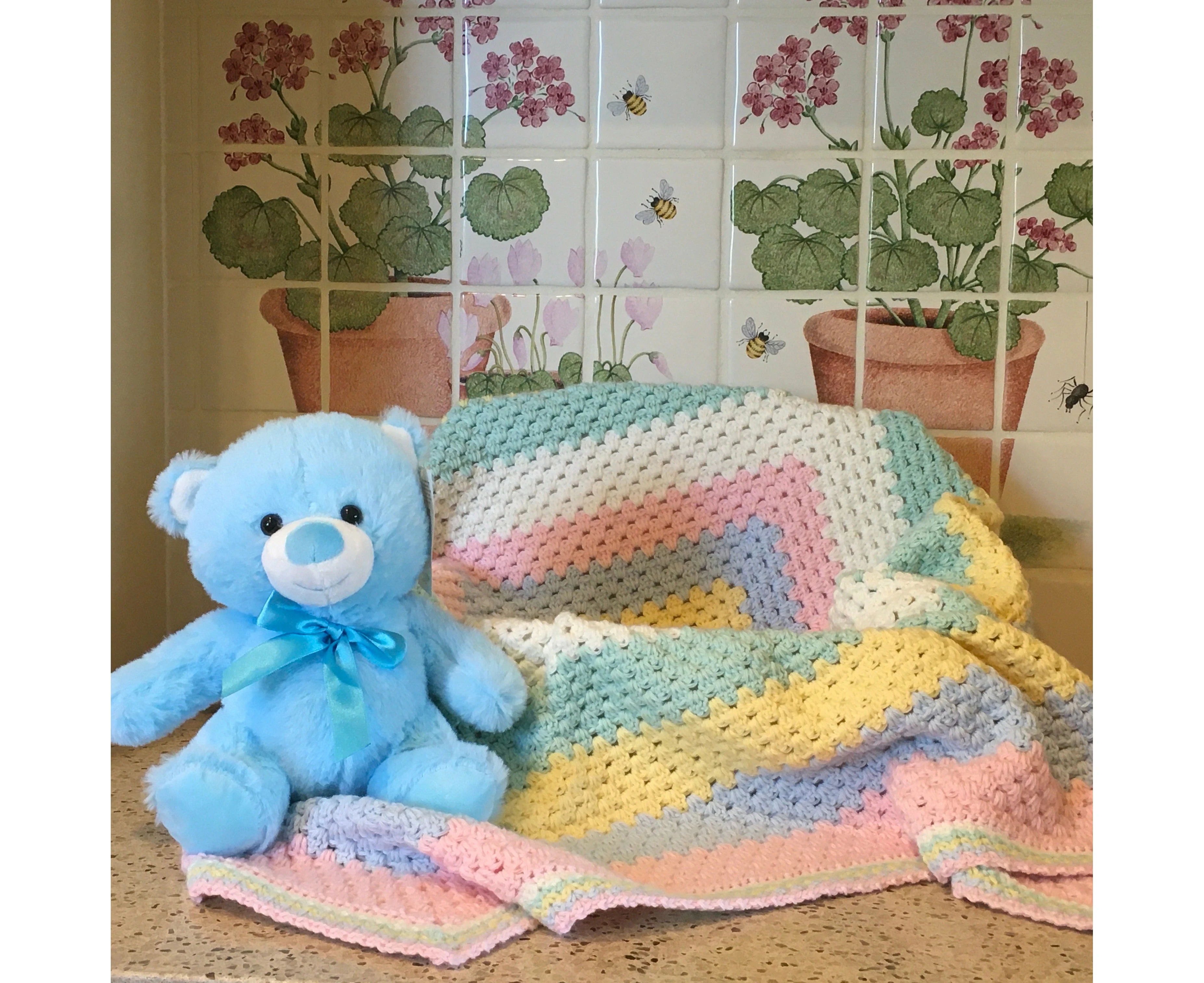 Beautiful RAINBOW Baby Cot or Pram Blanket - Christening - Baby Gift - Throw -- Hand Crocheted - Blanket with BLUE Plush Teddy Bear