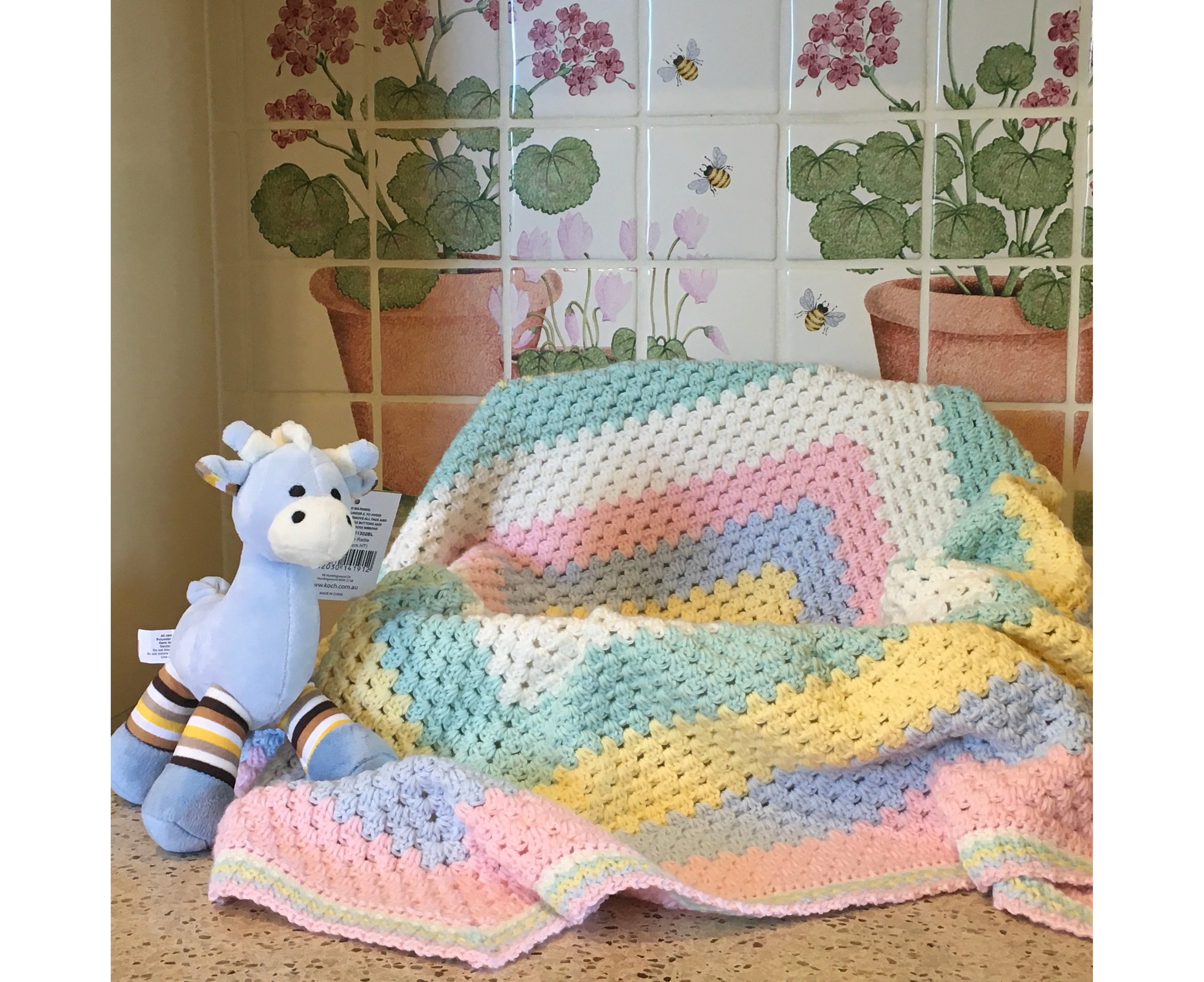 Beautiful RAINBOW Baby Cot or Pram Blanket - Christening - Baby Gift - Throw -- Hand Crocheted - Blanket with BLUE Gerry Giraffe Rattle