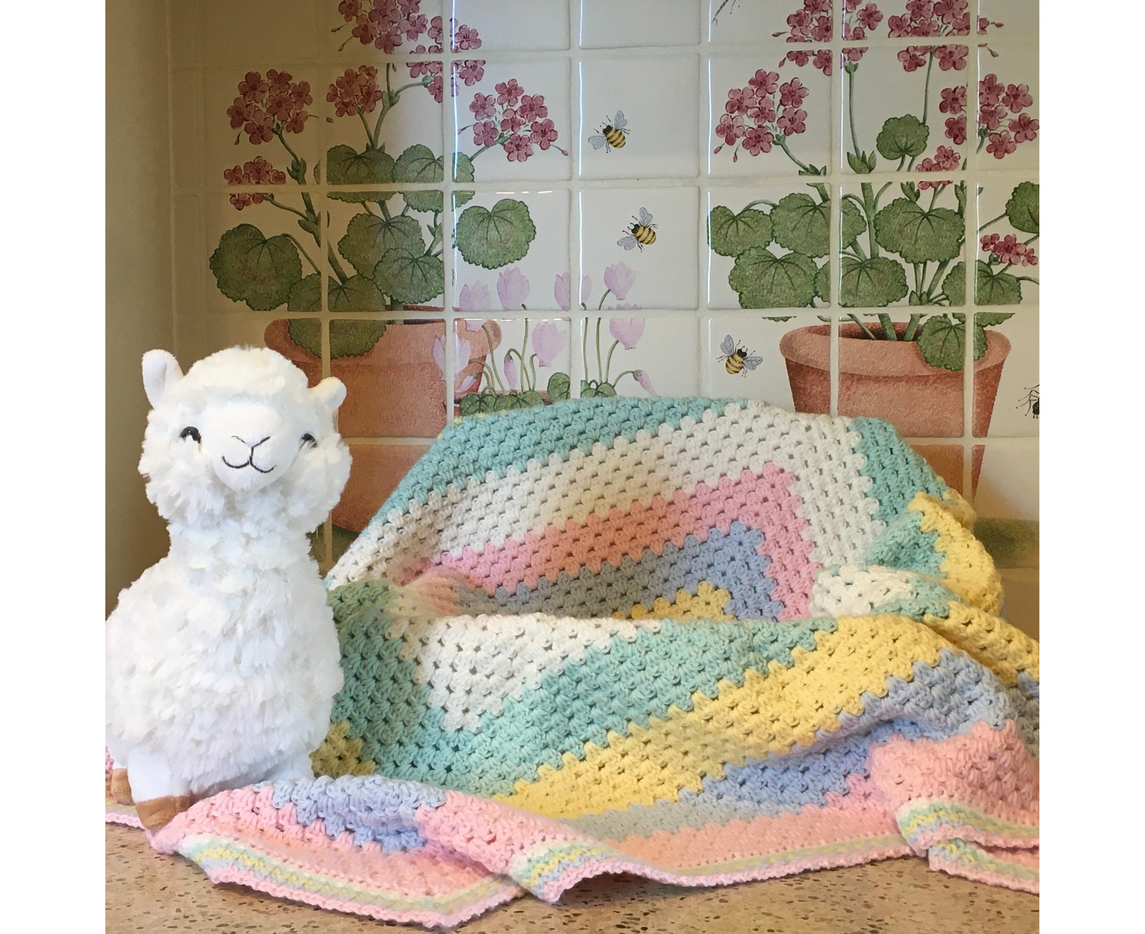 Beautiful RAINBOW Baby Cot or Pram Blanket - Christening - Baby Gift - Throw -- Hand Crocheted - Blanket with Fuzzy Wuzzy Plush Llama