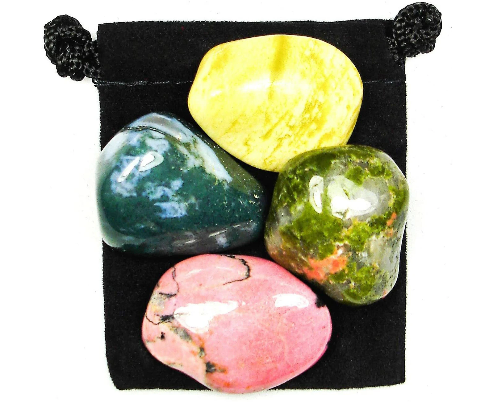 Emotional Balance Tumbled Stone Crystal Healing Set with Velvet Pouch - Moss Agate, Rhodonite, Serpentine and Unakite