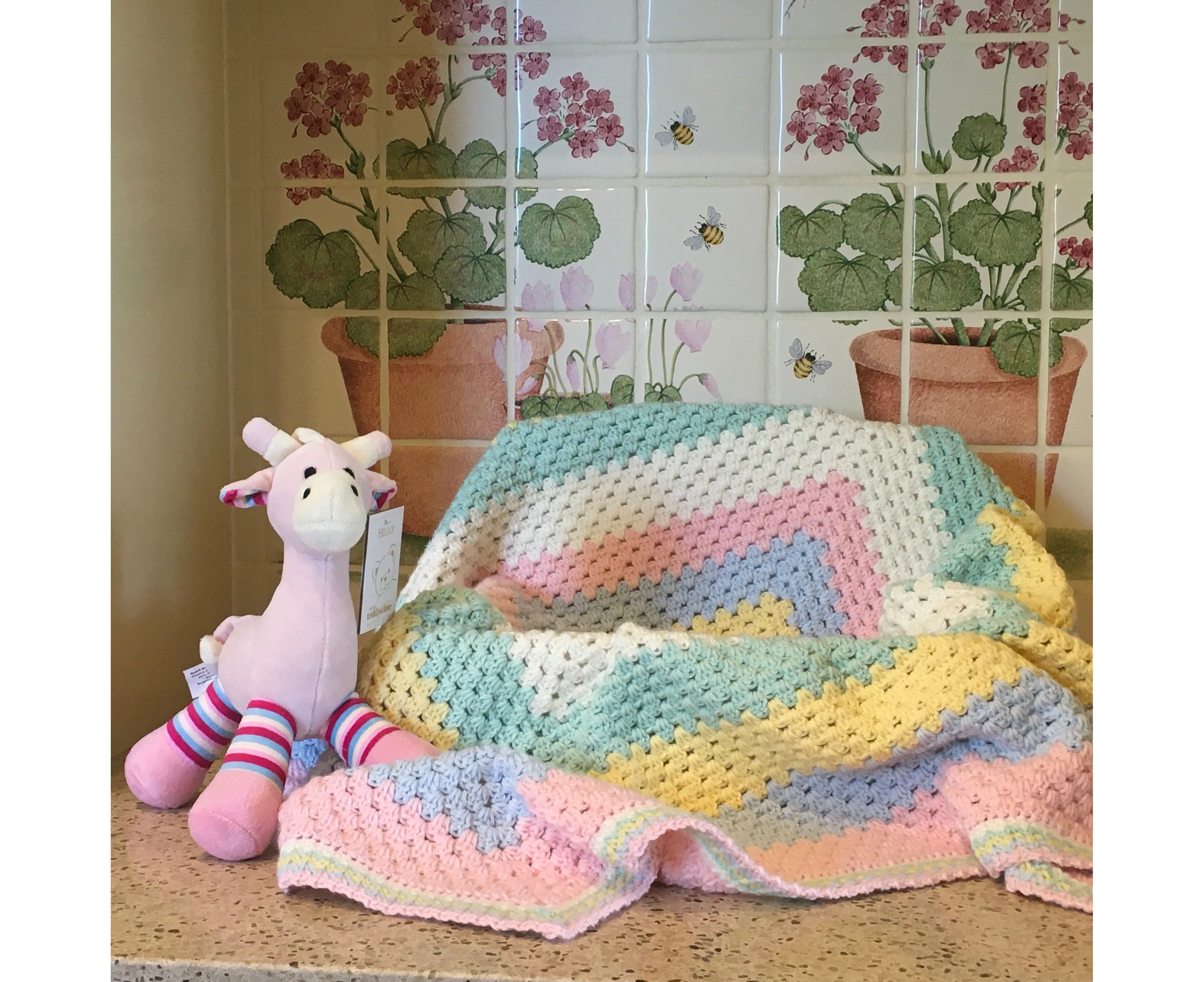 Beautiful RAINBOW Baby Cot or Pram Blanket - Christening - Baby Gift - Throw -- Hand Crocheted - Blanket with PINK Gerry Giraffe Rattle