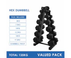 5kg to 20kg Hex Dumbbell & Storage Rack Bundle (6 pairs - 145kg)