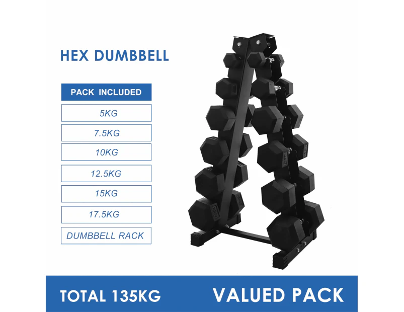 5kg to 20kg Hex Dumbbell & Storage Rack Bundle (6 pairs - 145kg)