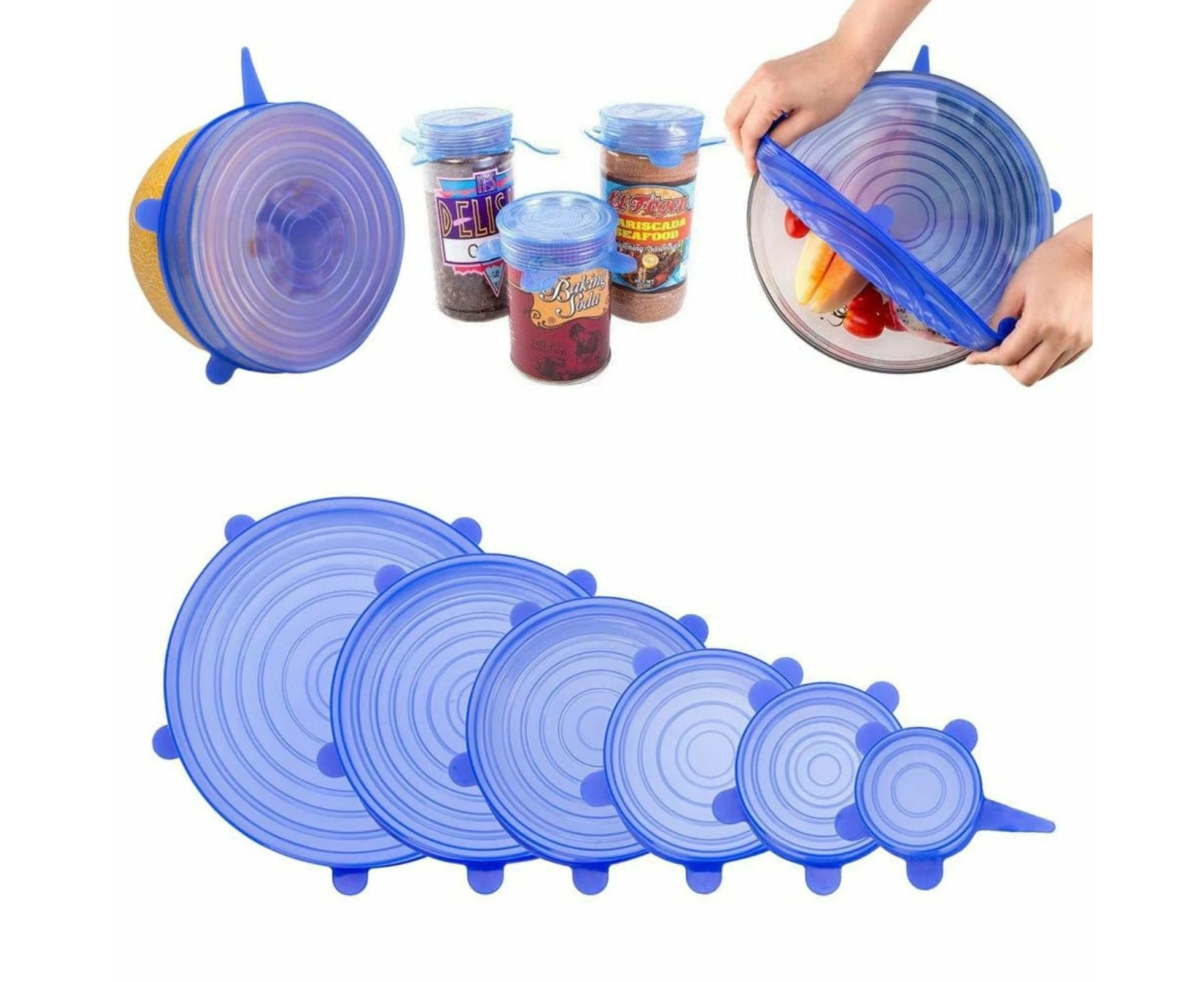 6pcs Reusable Blue Silicone Bowl Wraps Insta Lids Stretch Food Saver Seal Cover