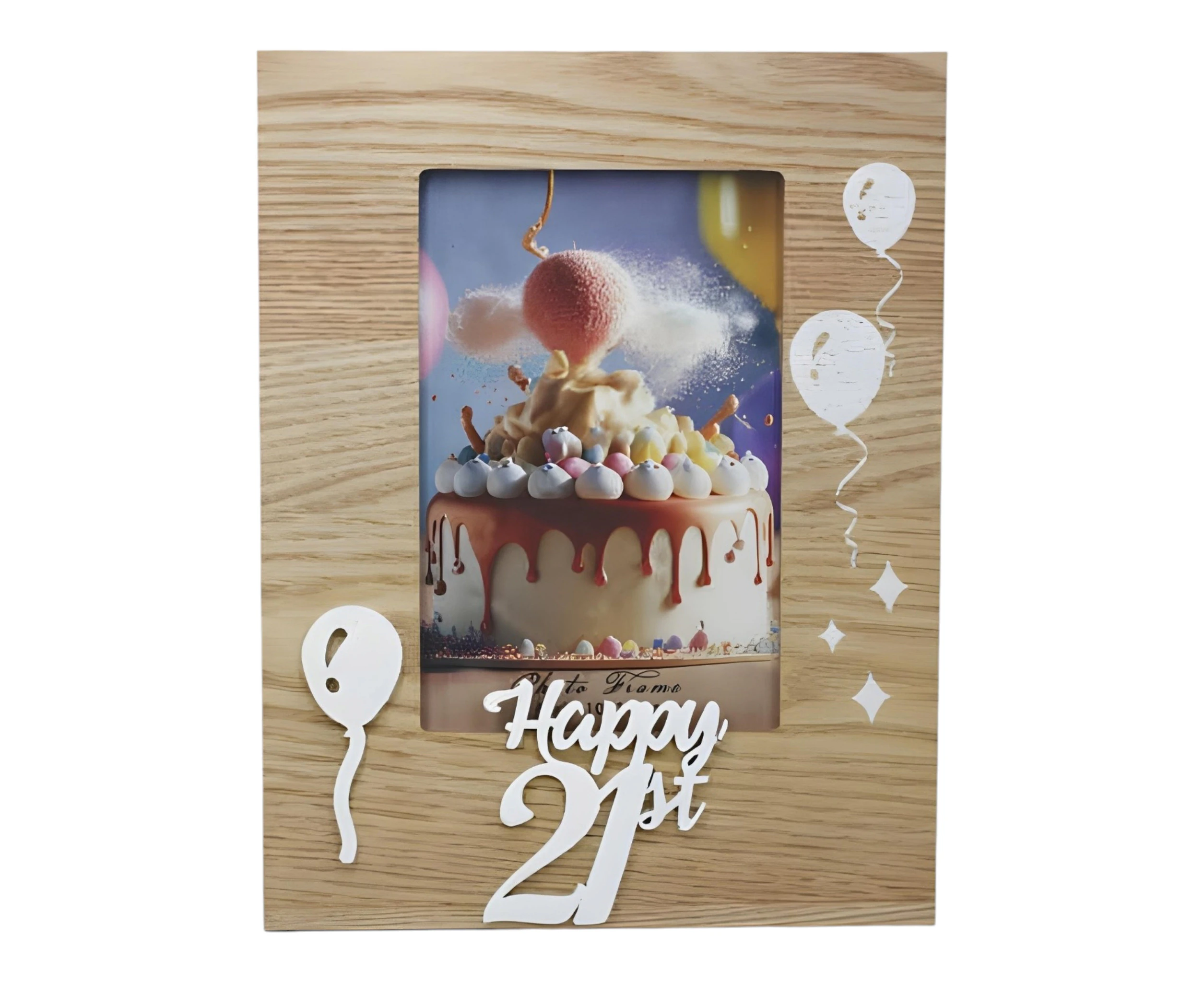 Wood & White Laser Cut Happy 21st Birthday Photo Frame