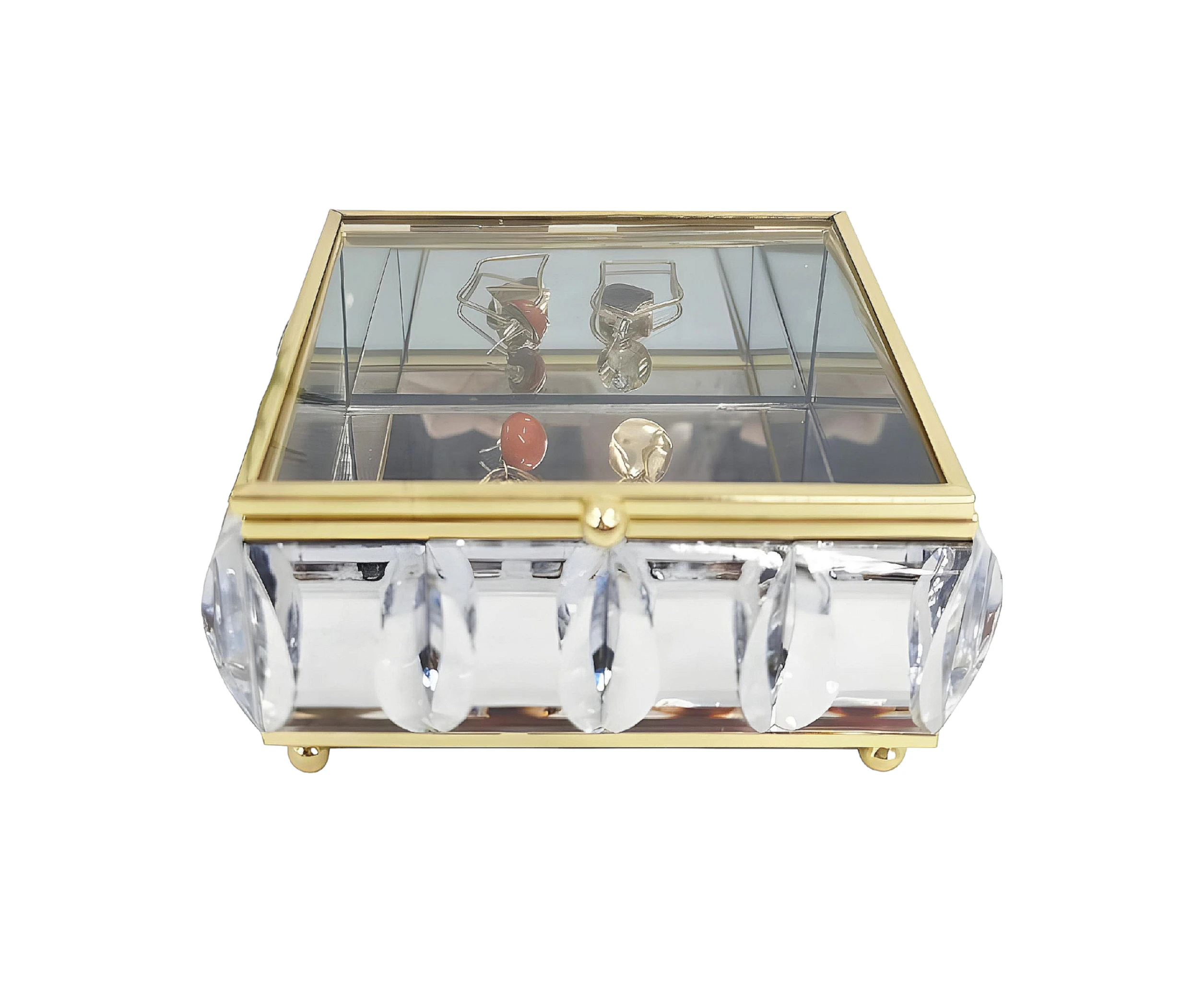 Gold Framed Square Mirrored Jewellery Box & Sparkling Bevelled Glass Crystal Jewels