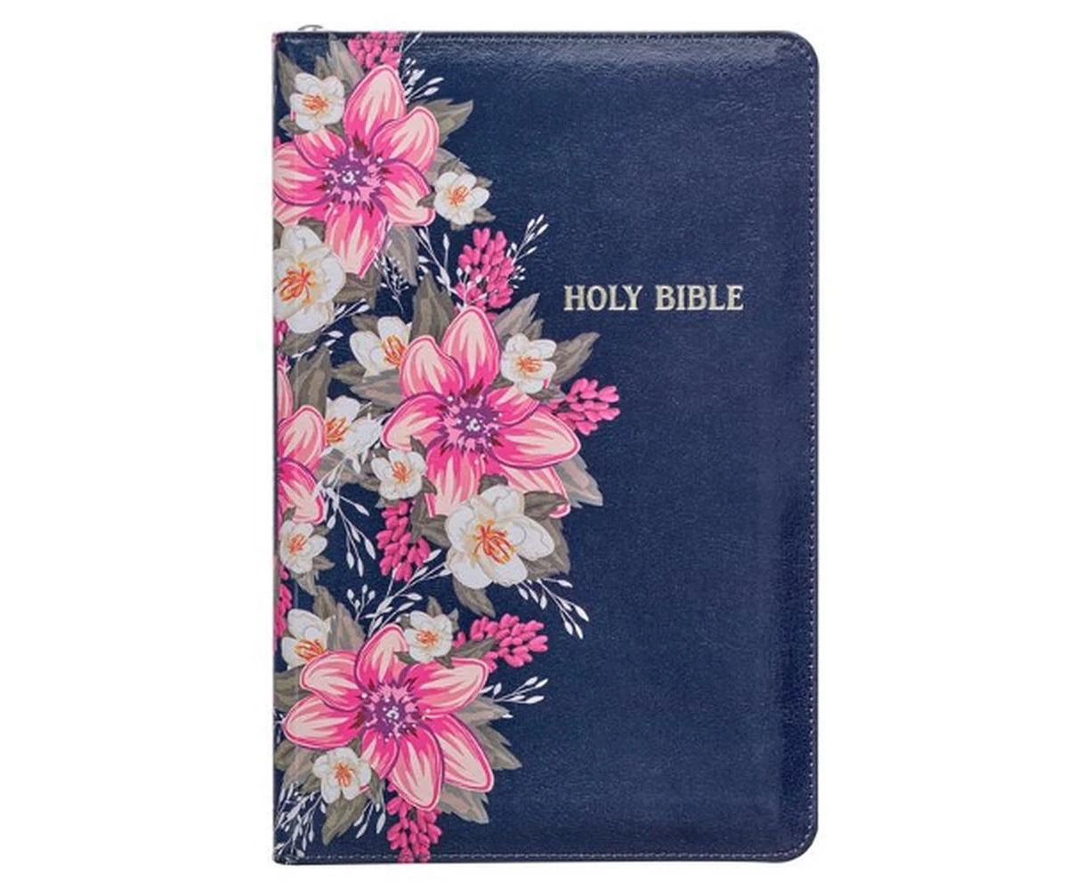 KJV Holy Bible Standard Size Faux Leather Red Letter Edition Thumb Index & Ribbon Marker, King James Version, Blue Floral, Zipper Closure