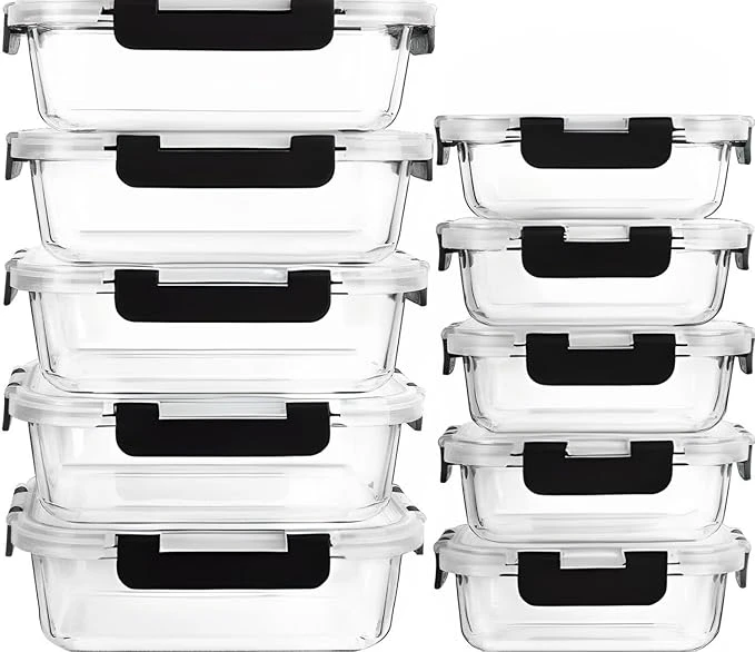 20pc Glass Food Storagre Containers with Lids - 10 Packs, Glass Meal Prep Containers with Lids, Airtight Glass Food Storage, BPA Free & Leak Proof,