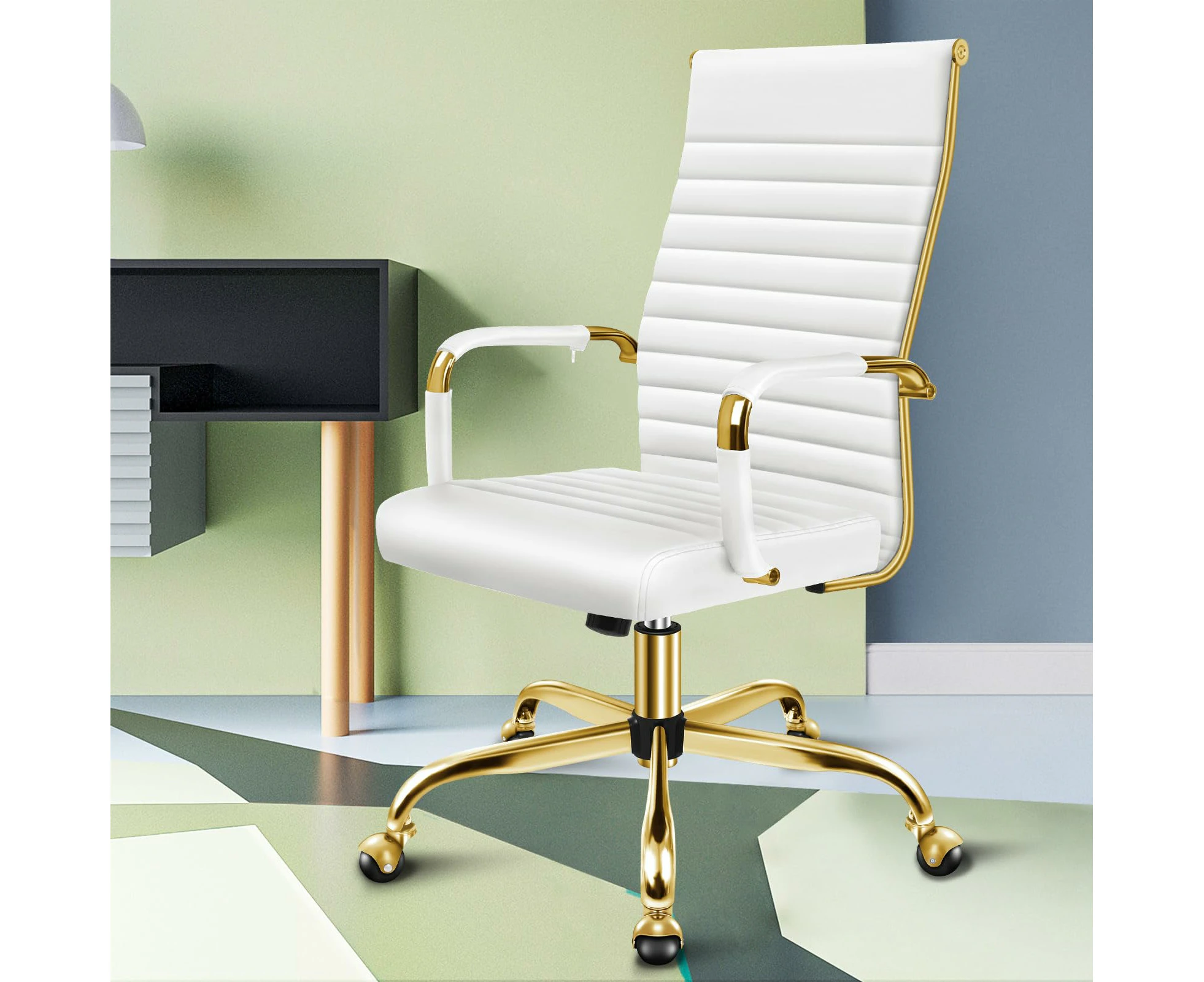 High Back Gold White Office Desk Chair with SGS Listed Gas Lift & Padding, PU Leather Home Ergonomic Office Chair Height Adjustable, Compute