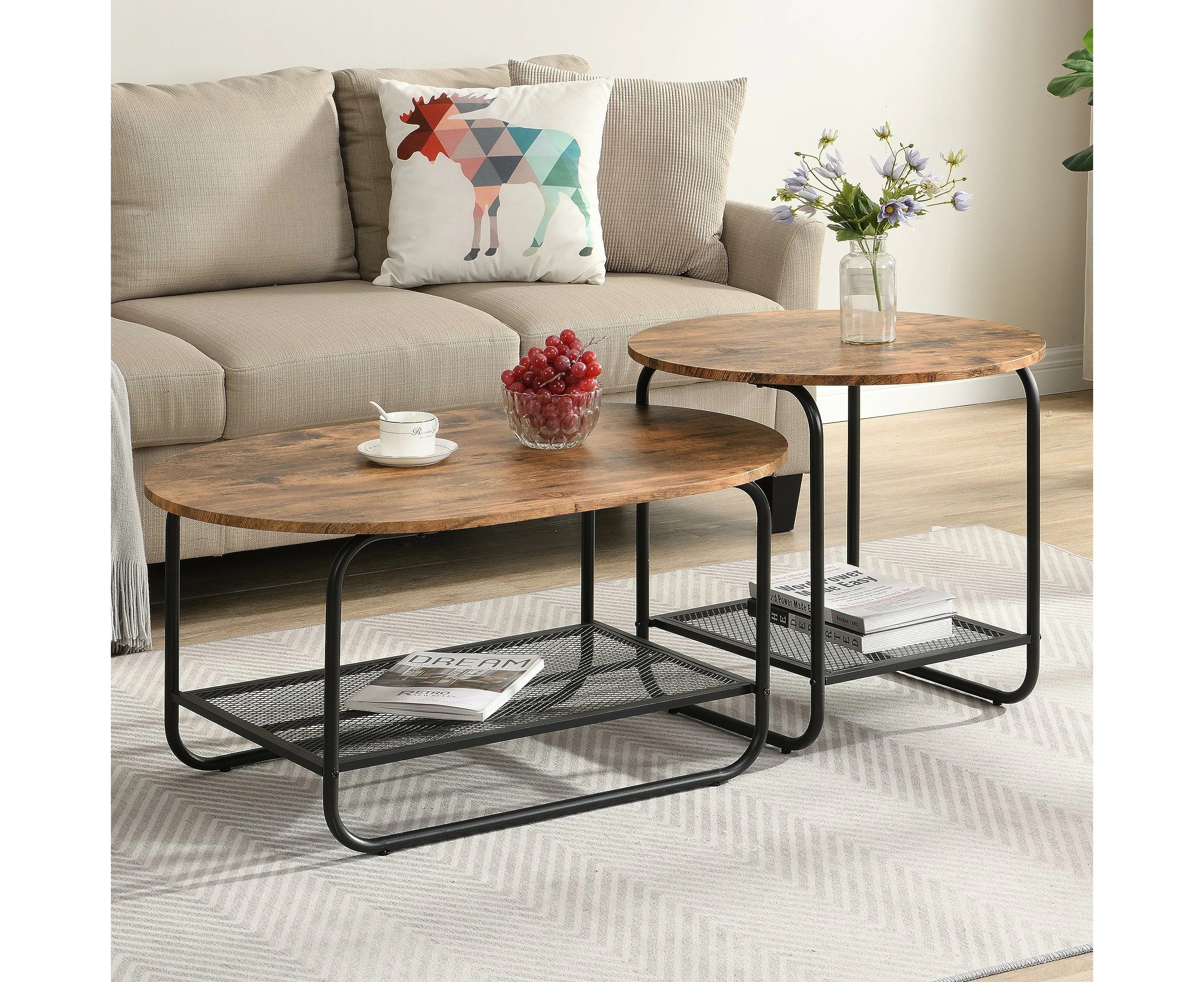 Coffee Table Set of 2, The Perfect Blend of Oval and Circle Stacking Side Tables, Industrial and Metal Frame, End Table for Living Room, Stu