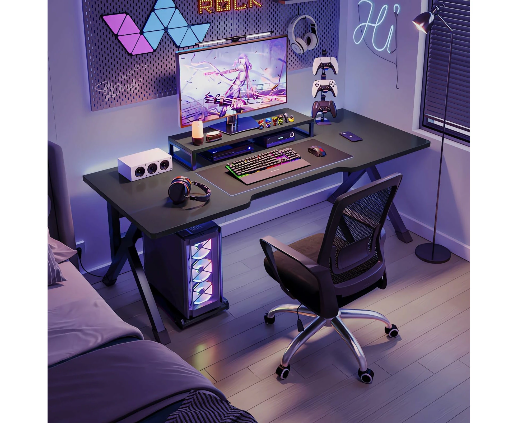 Large  Gaming Desk, Black PC Computer Desk, Ergonomic Home Office Desk with Carbon Fiber Surface Gaming Table Workstation for Gift Idea