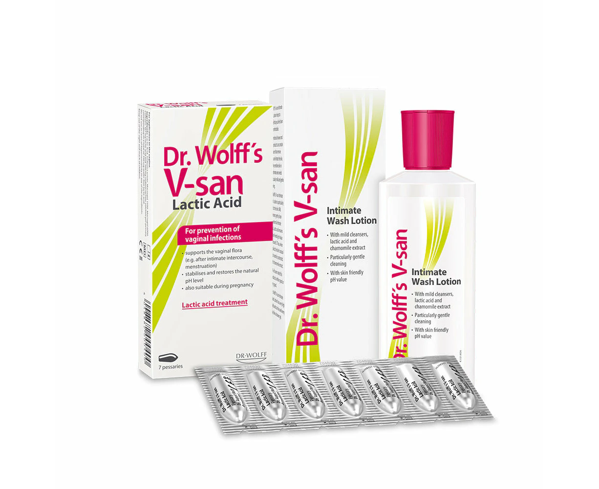 Dr. Wolff's V-san Prevention Set- Lactic acid 7 Pessaries +Intimate Wash Lotion 200 ml