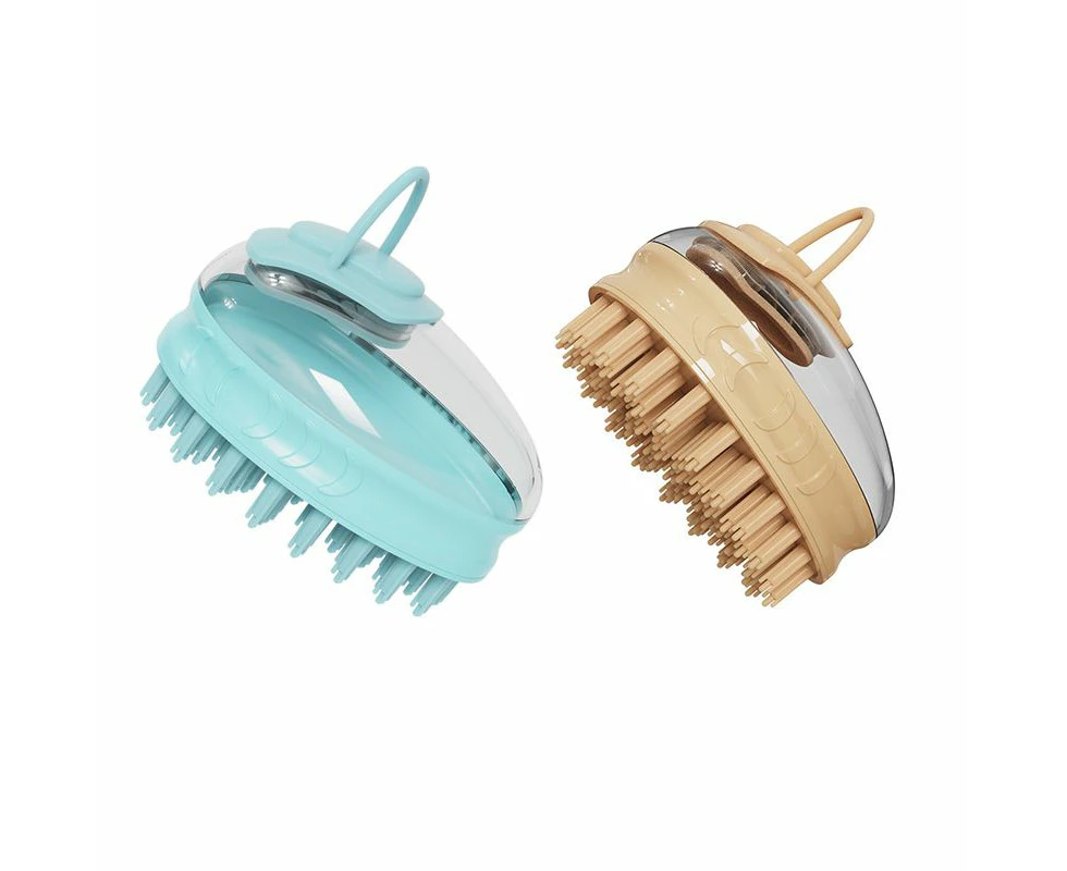 2 PCS Blue And Khaki Pet Dog Grooming Massage Shampoo Bath Brush with Soap and Shampoo Dispenser Soft Silicone Bristle for Long Short Haired Pets