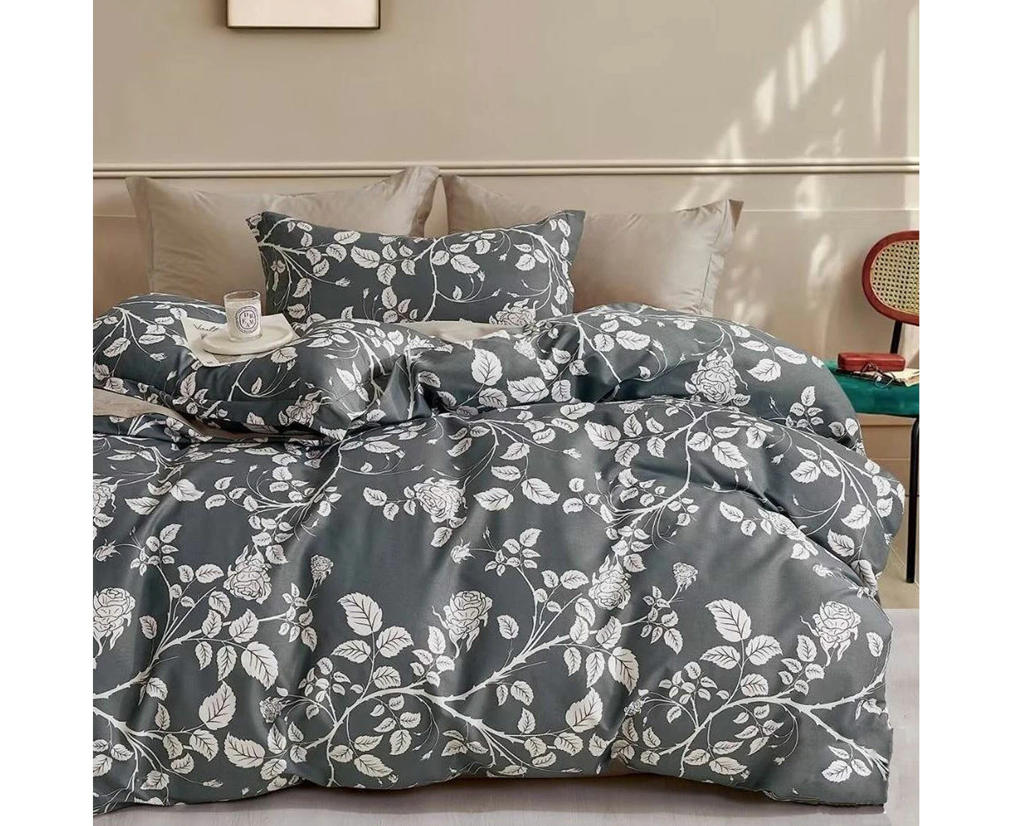 300TC Gardenia Charcoal Reversible Cotton Quilt Cover Set