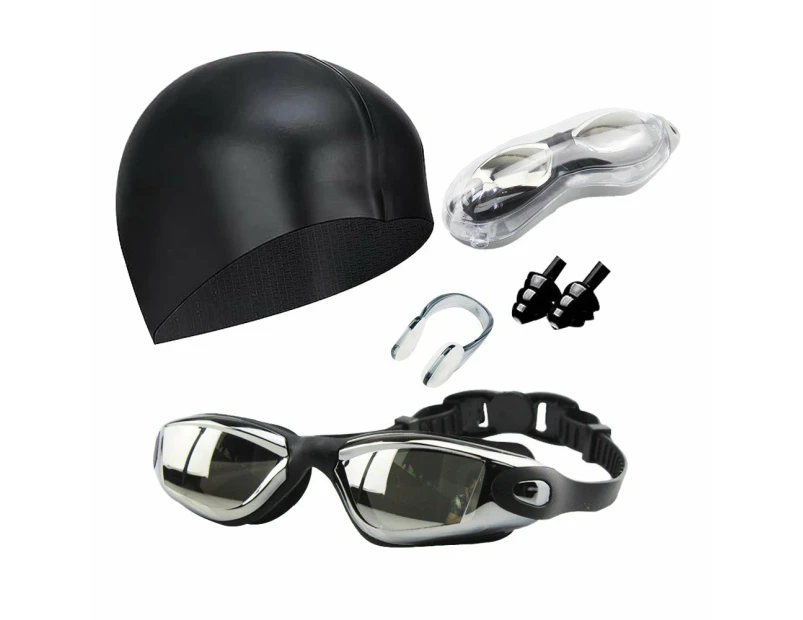 No Leaking Anti Fog Swimming Goggles Swimming Cap Set for Youth Black