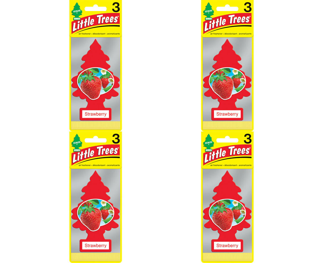 4x Little Tree 3 Pack Strawberry Car Air Freshener Long-Lasting Scent 12x4cm