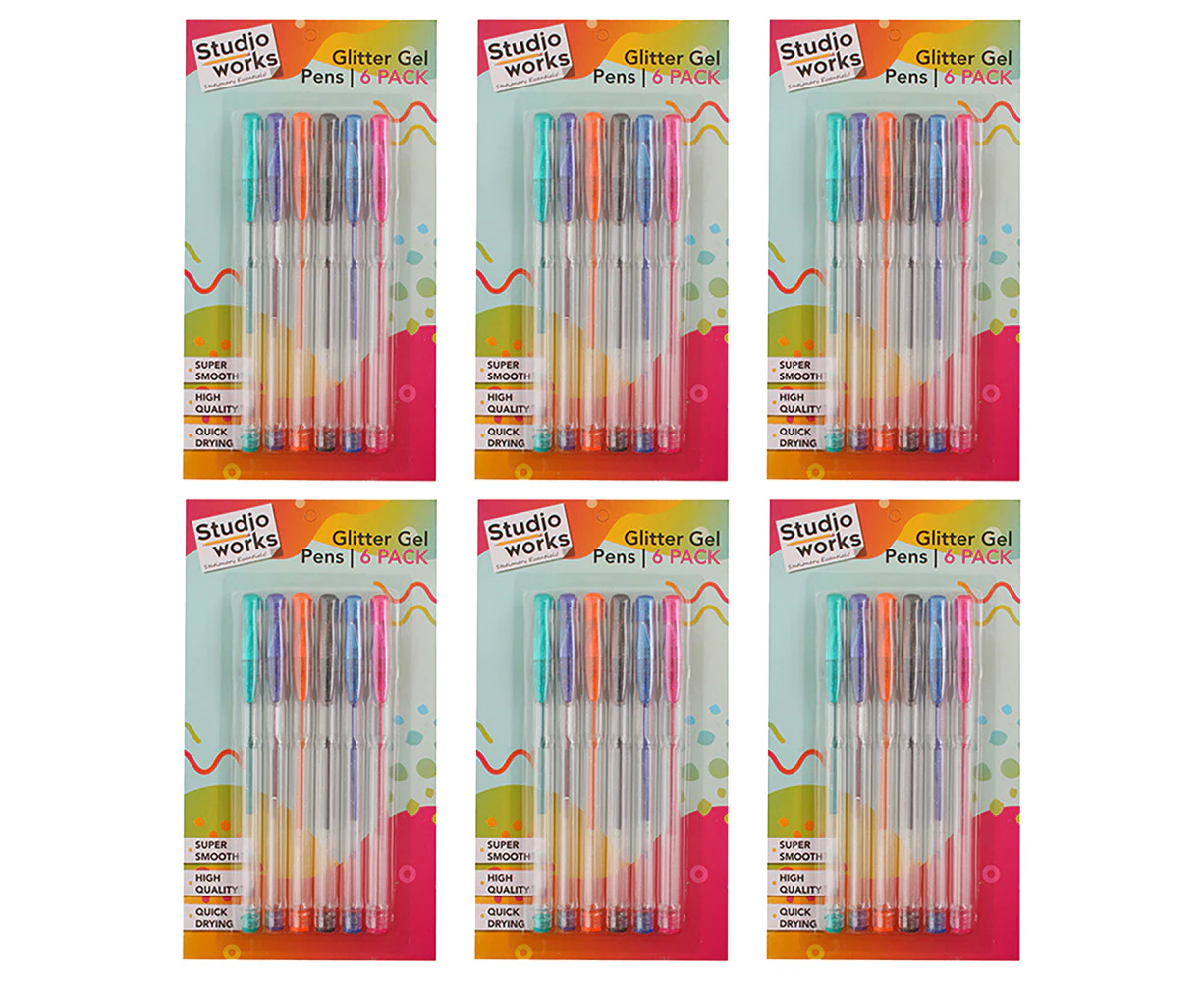 6x 6pc Studio Works Super Smooth Quick Dry Glitter Gel Pens Assorted 21x11.6cm