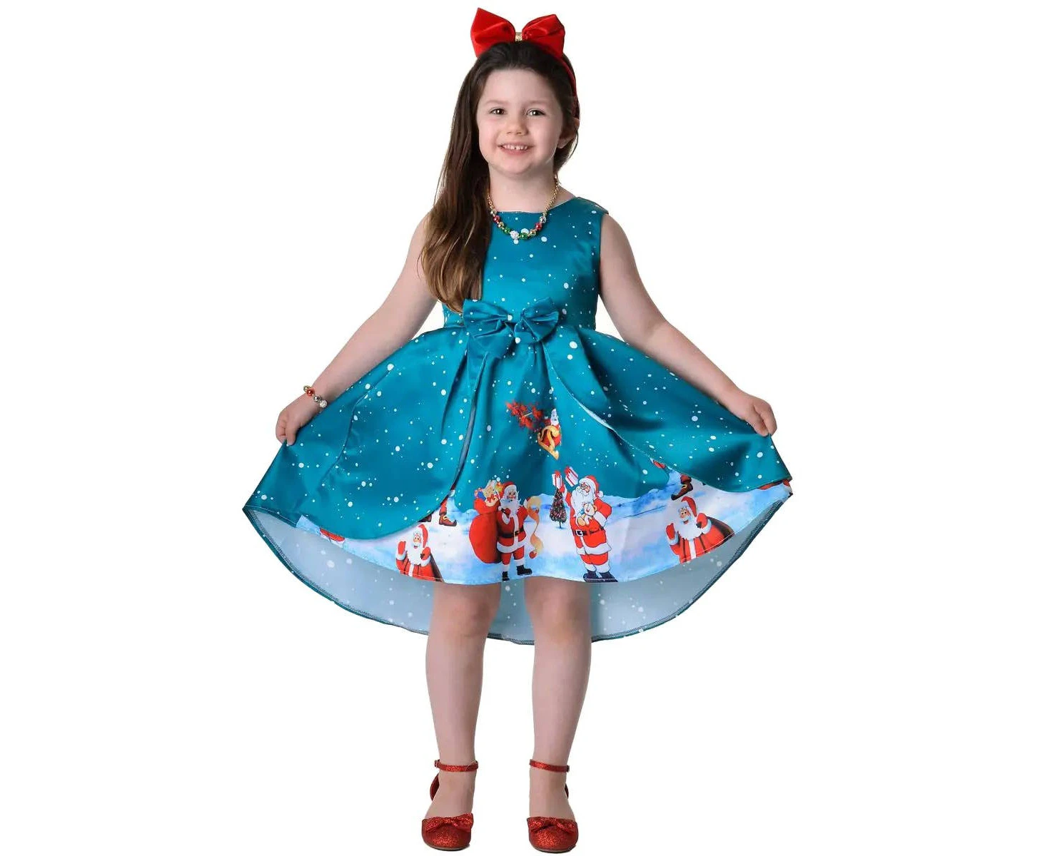 Deluxe Girls Teal Santa Print Christmas Dress