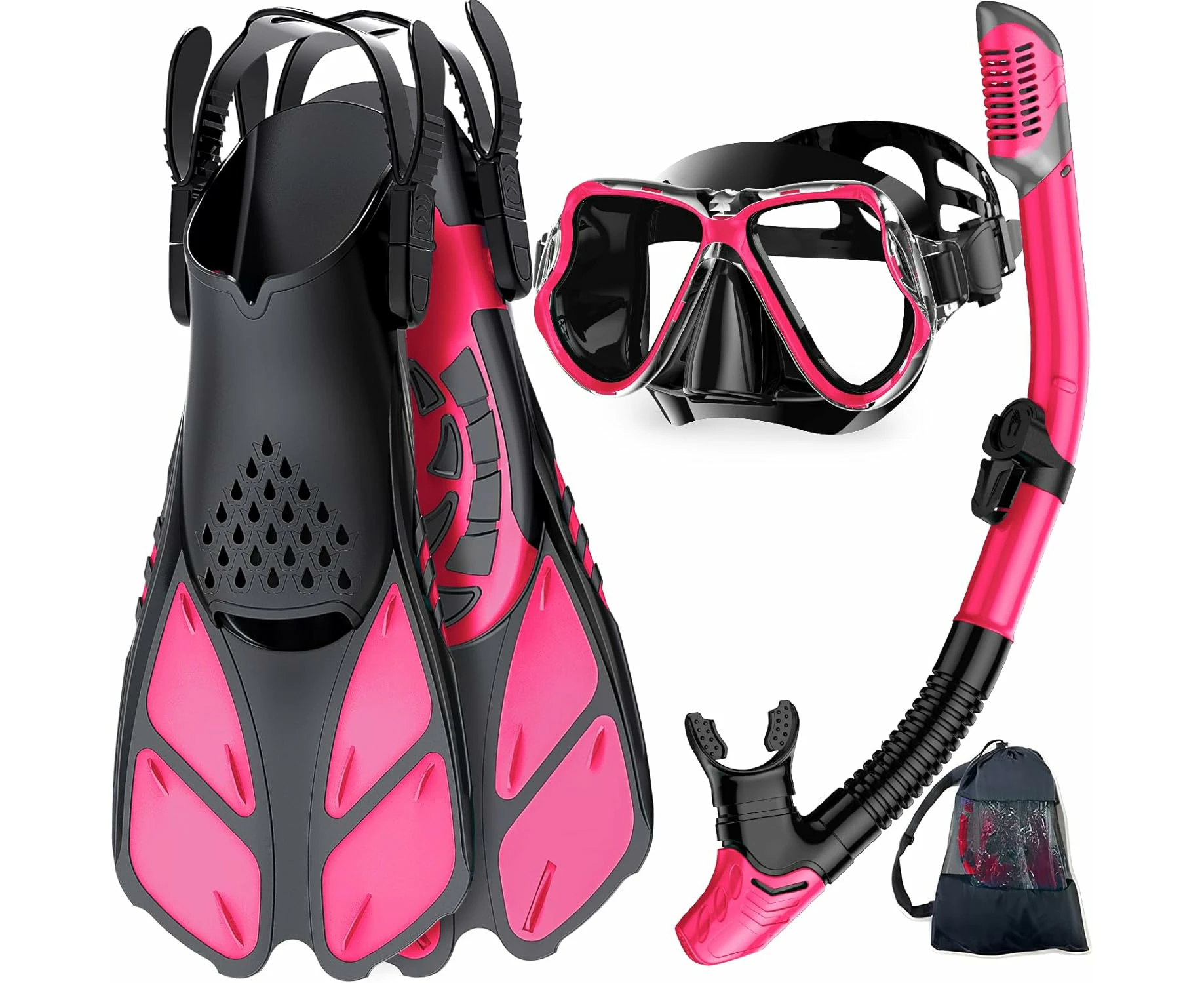 Mask Fins Snorkel Set, Snorkeling Gear, Panoramic View Snorkel Mask Anti-Fog, Adjustable Dive Flippers, Dry Top Snorkel and Travel Bag -XL-Pink