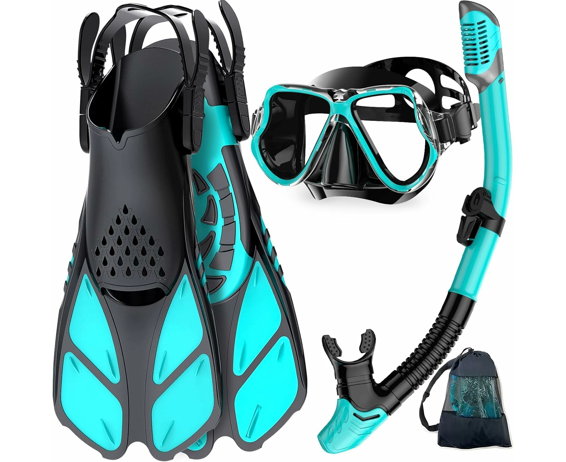 Mask Fins Snorkel Set, Snorkeling Gear, Panoramic View Snorkel Mask Anti-Fog, Adjustable Dive Flippers, Dry Top Snorkel and Travel Bag -XL