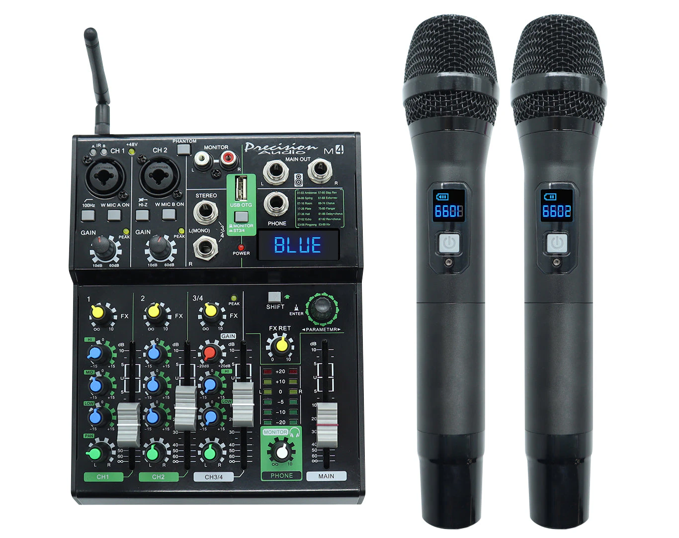 4 Channel Bluetooth Mixer + Dual Wireless Microphones M4