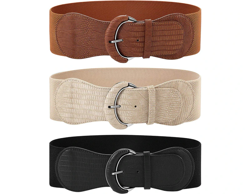 3 Pieces Wide Women Waist Belt Stretchy Cinch Belt Leather Elastic Belt for Ladies Dress Decoration, Black, Khaki, Beige, One Size$3 Pieces Wide Elastic