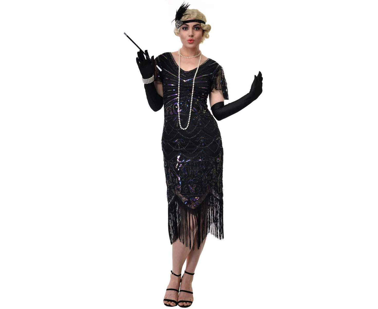 20s Womens Long Black Cap Sleeve Gatsby Dress with Iridescent Sequins