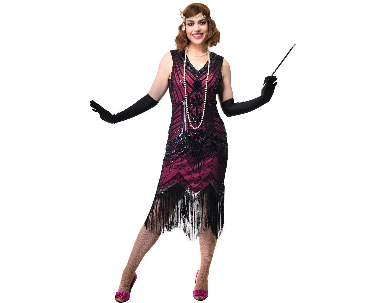 Hot Pink Womens Long 1920s Gatsby Dress with Black Sequins