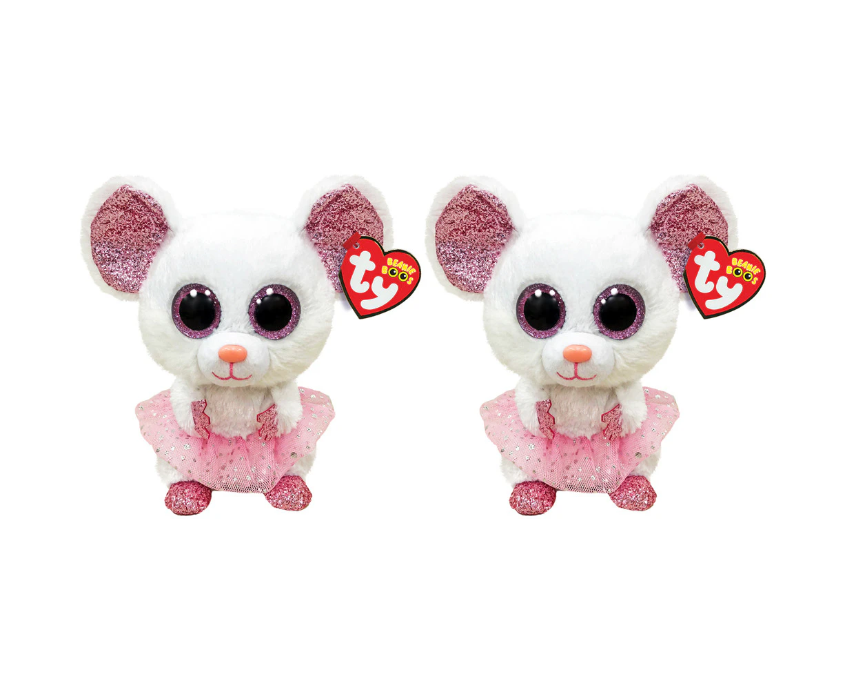 2x TY Beanie Boos Nina - White Ballerina Mouse Medium Kids/Childrens Plush 3y+