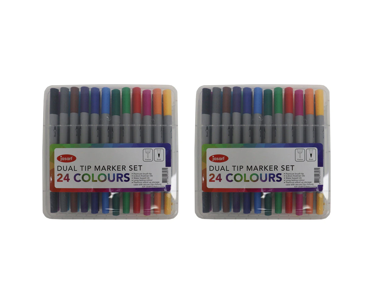 2x 24pc Jasart Dual Nib Brush Fineliner Set Waterbased Ink Art Colouring Markers