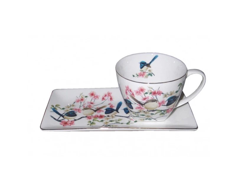 Elegant Kitchen Breakfast Tea Cup and Plate Set Blue Wren China