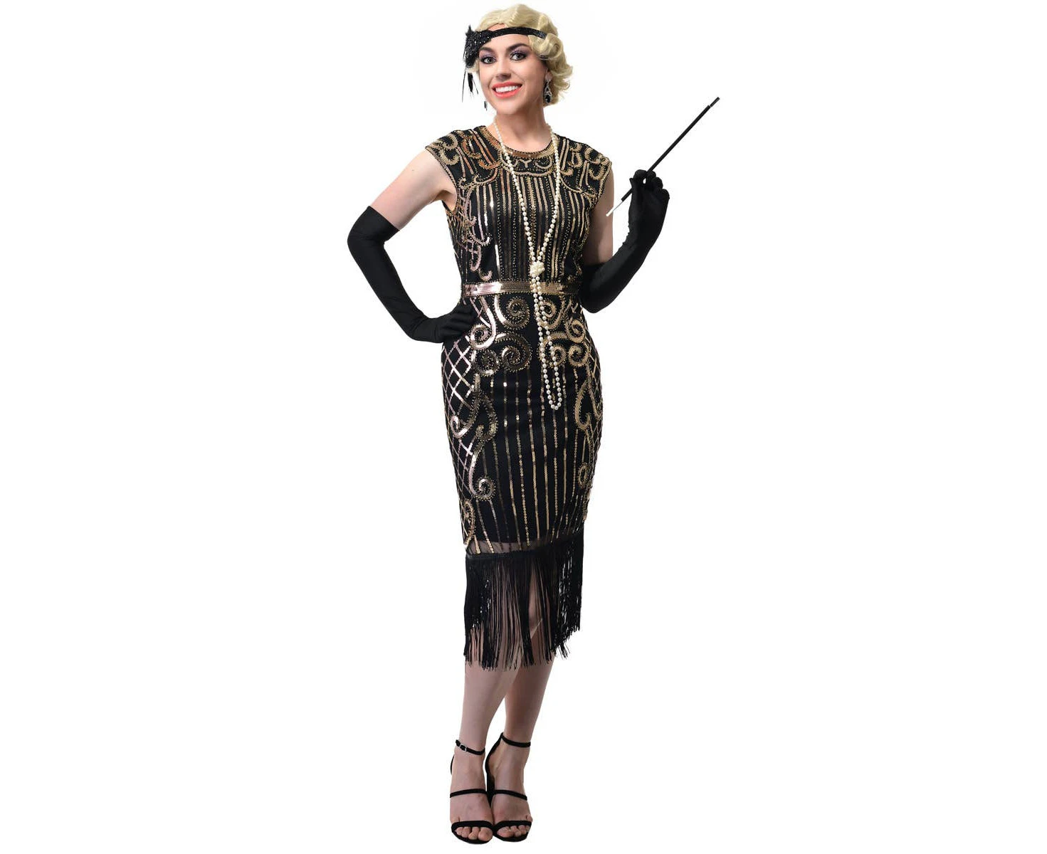 1920s Womens Long Black Flapper Dress with Gold Sequins