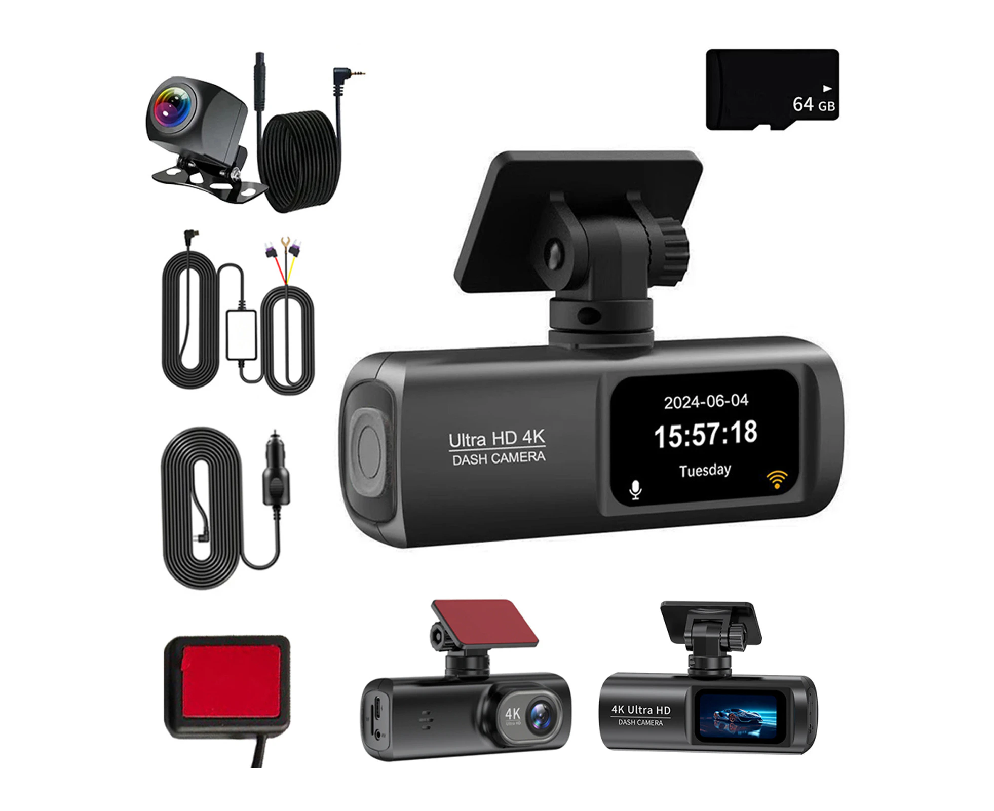 Dash Cam Front Rear Dash Camera 4K/1080P,Full HD Car Dashboard Recorder With 1.5Inch Screen,Wi-Fi GP-S Tracks G-Sensor Loop Recording With 64G Card