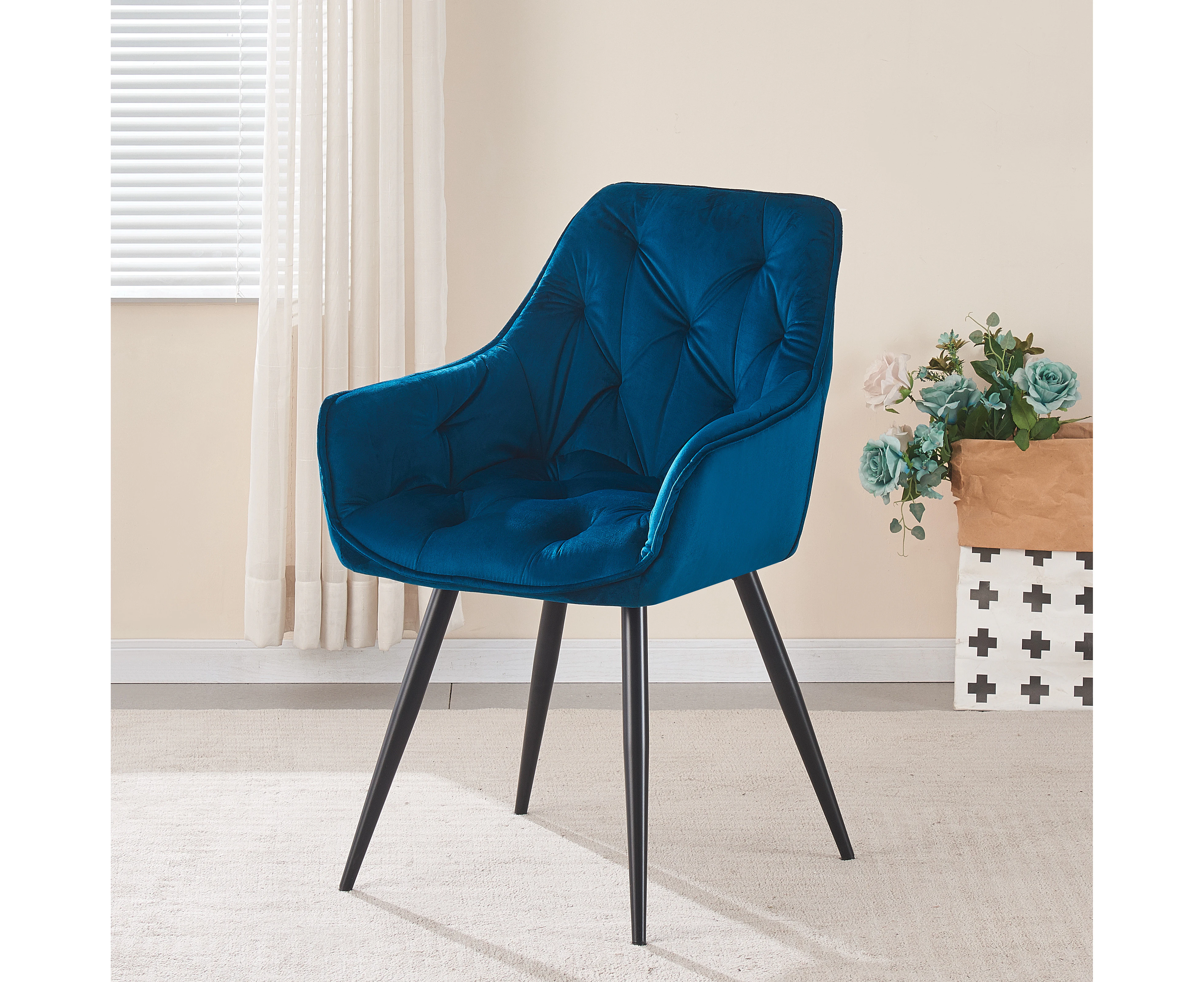 AINPECCA 1x Velvet Upholstered Arm Dining Chair with Armrest Accent Tufted Charcoal Metal Legs For Office Kitchen Blue