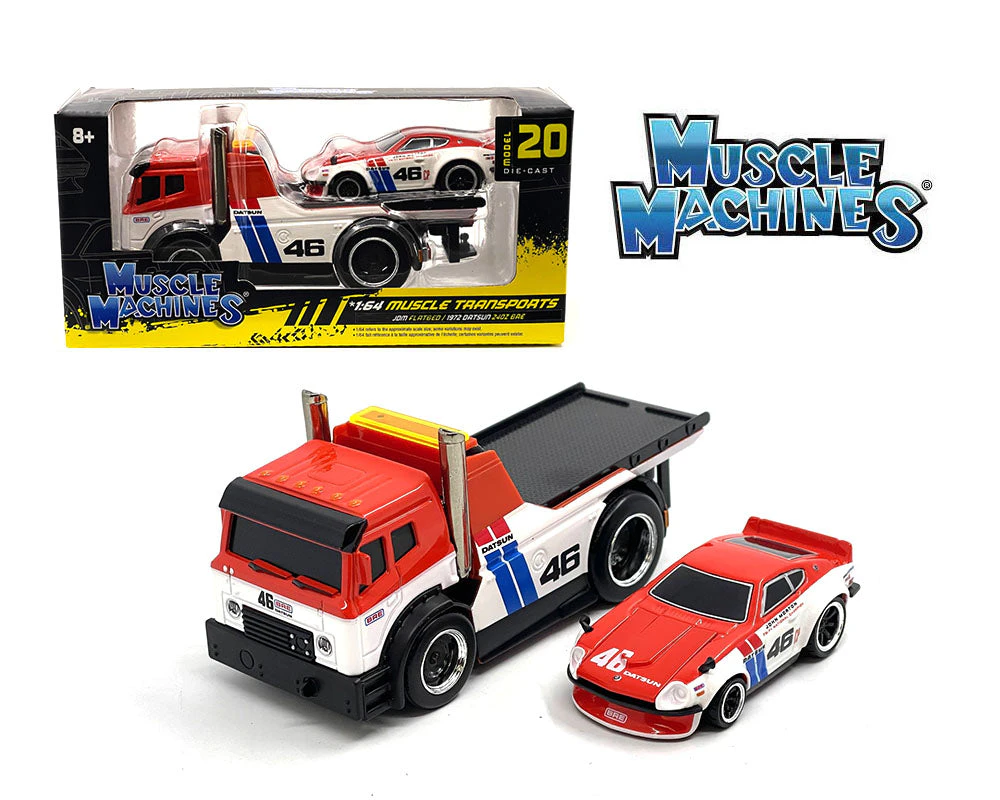 Muscle Machines 1:64 JDM Flatbed & 1972 Datsun 240Z BRE - White - Muscle Transports Model 20