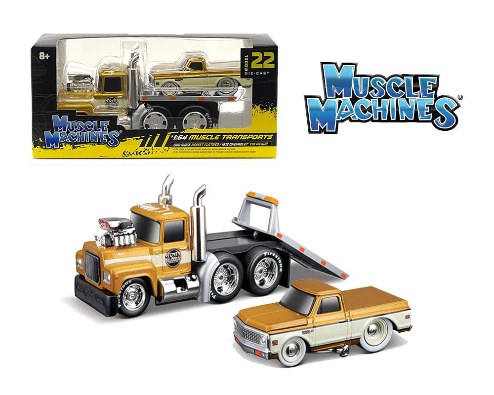 Muscle Machines 1:64 Mack Flatbed & 1972 Chevrolet C10 Pickup - Gold - Muscle Transports Model 22