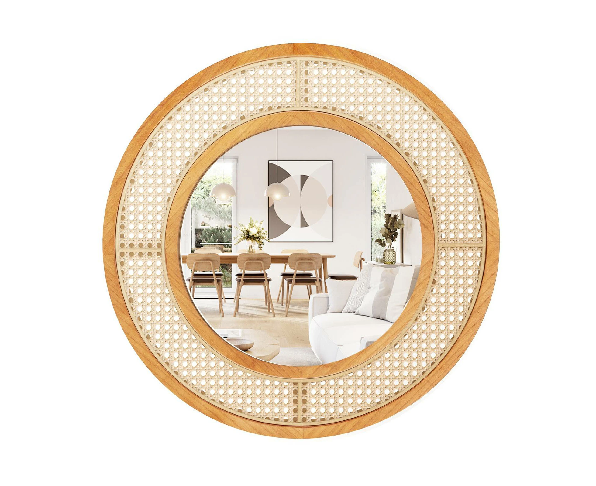 Costway 65CM Round Rattan Wall Mirror Wooden Framed Mirror with Aluminum Glass Living Room & Bedroom Natural