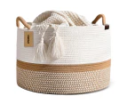 DelSol Large Woven Basket Cotton Rope Basket Blanket Storage Laundry Clothes Home Organizer White & Camel