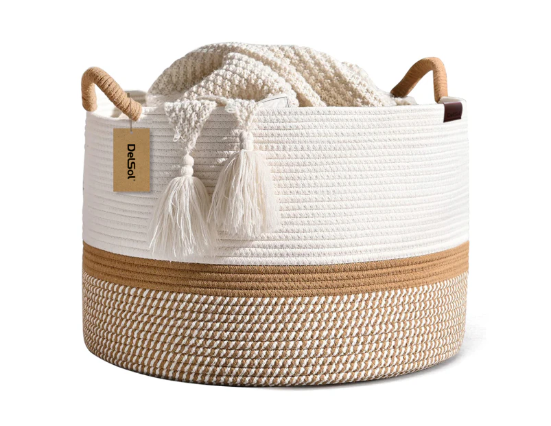 DelSol Large Woven Basket Cotton Rope Basket Blanket Storage Laundry Clothes Home Organizer White & Camel