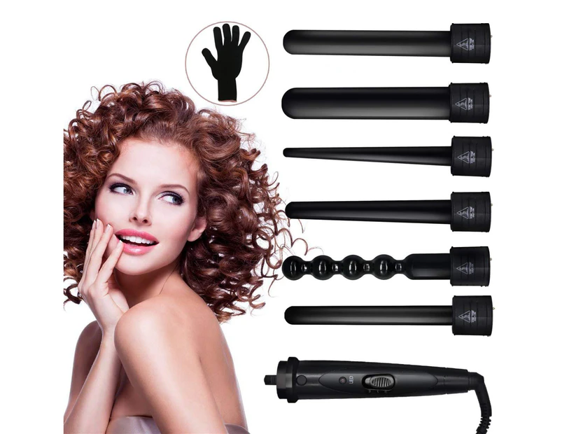 Curling Iron Wand Set With 6 Interchangeable Ceramic Barrels and Heat Protective Glove, 6 in 1 (Black-6in1)