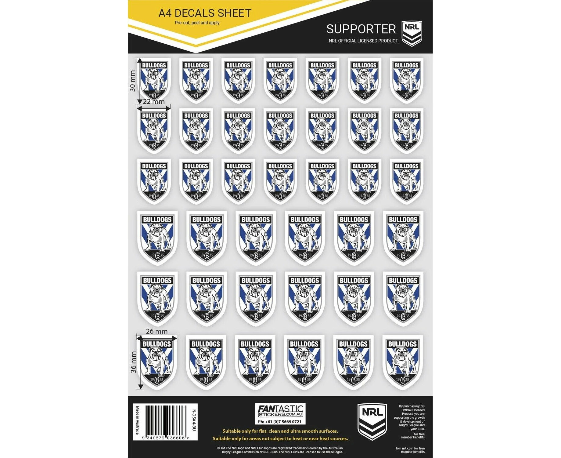 NRL A4 Decal Sheet - Canterbury Bulldogs - Sticker