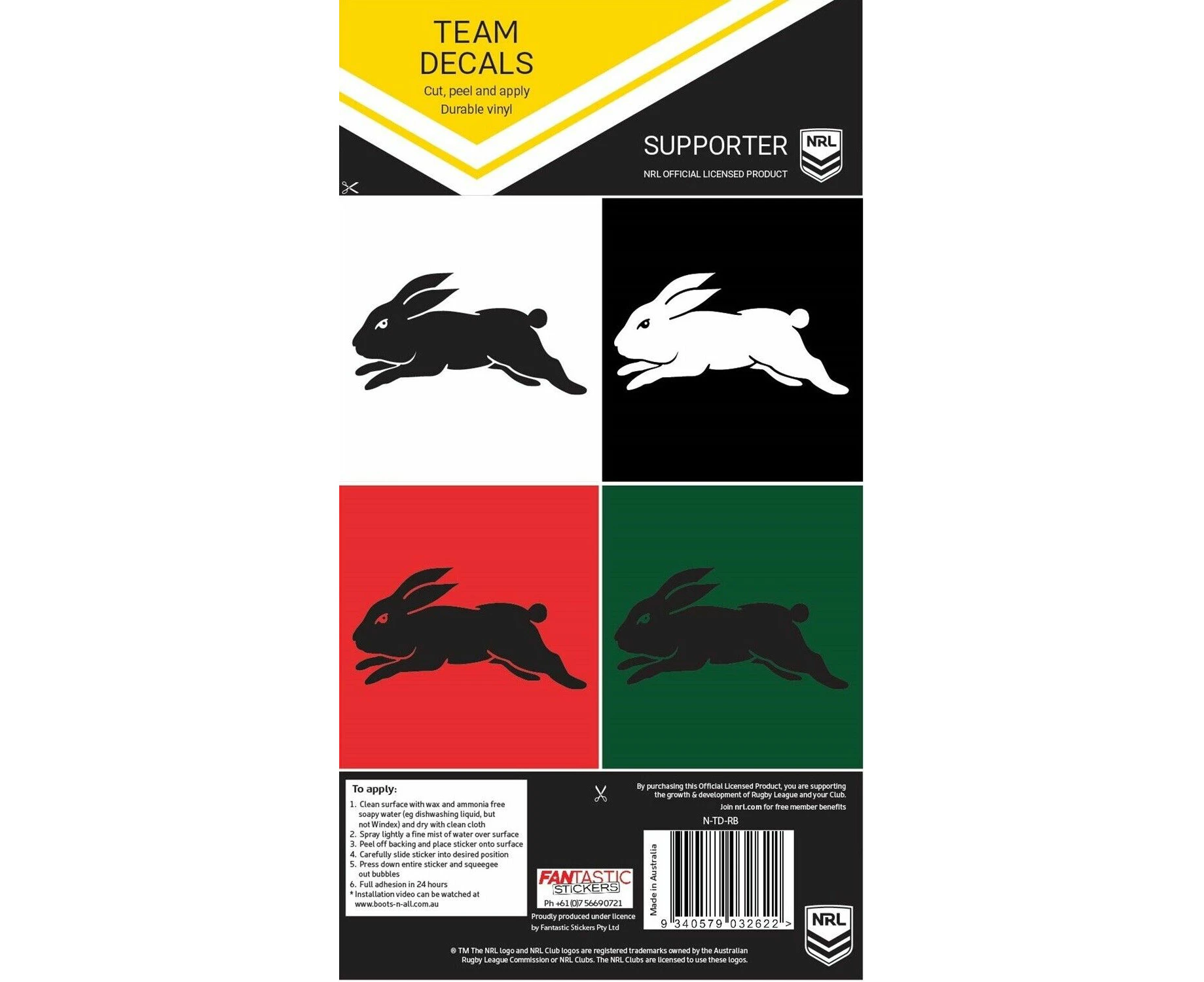 NRL Team Decal Sticker Set - South Sydney Rabbitohs