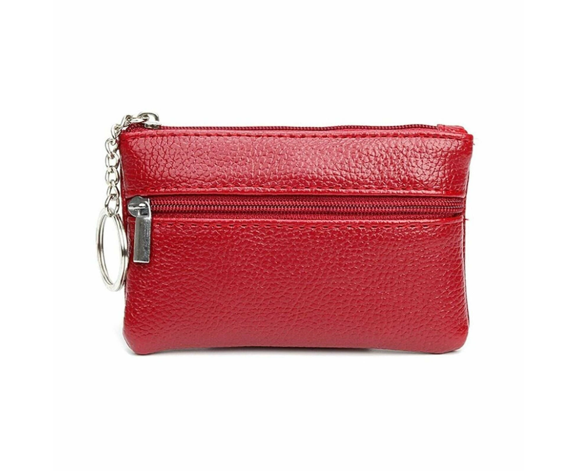 Coin Small Change Bag Card Wallet Pouch Zip Up Women Key Ring Leather Mini Red