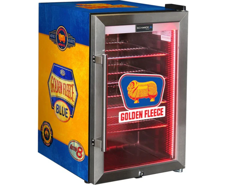 Golden Fleece Schmick Vintage Fuel Pump Triple Glazed Alfresco 70 Litre Bar Fridge With LED Strip Lights