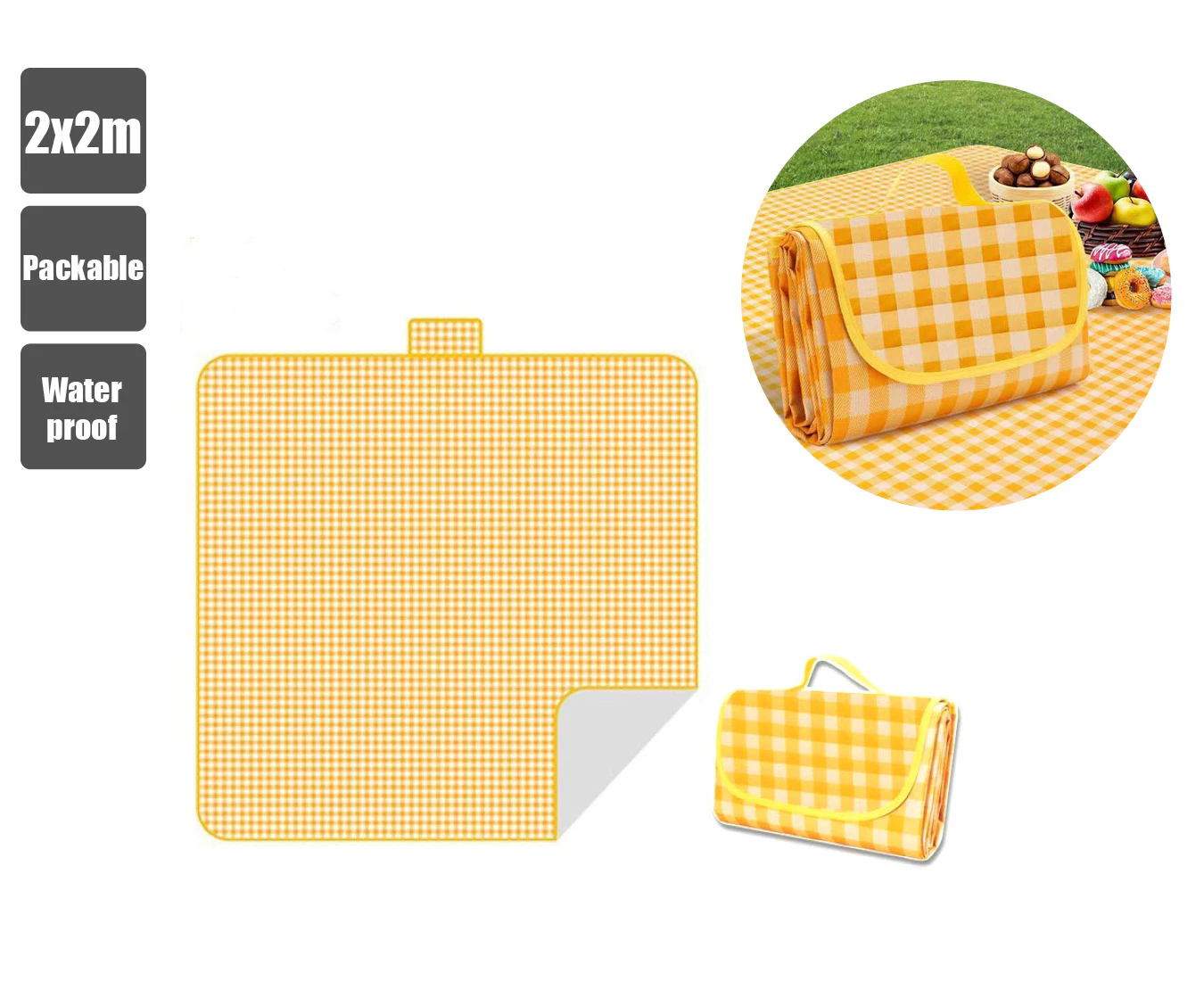 2x2M Large Picnic Blanket Camping Rug Mat (Sydney Stock) Packable Thickened Fabric Waterproof Yellow