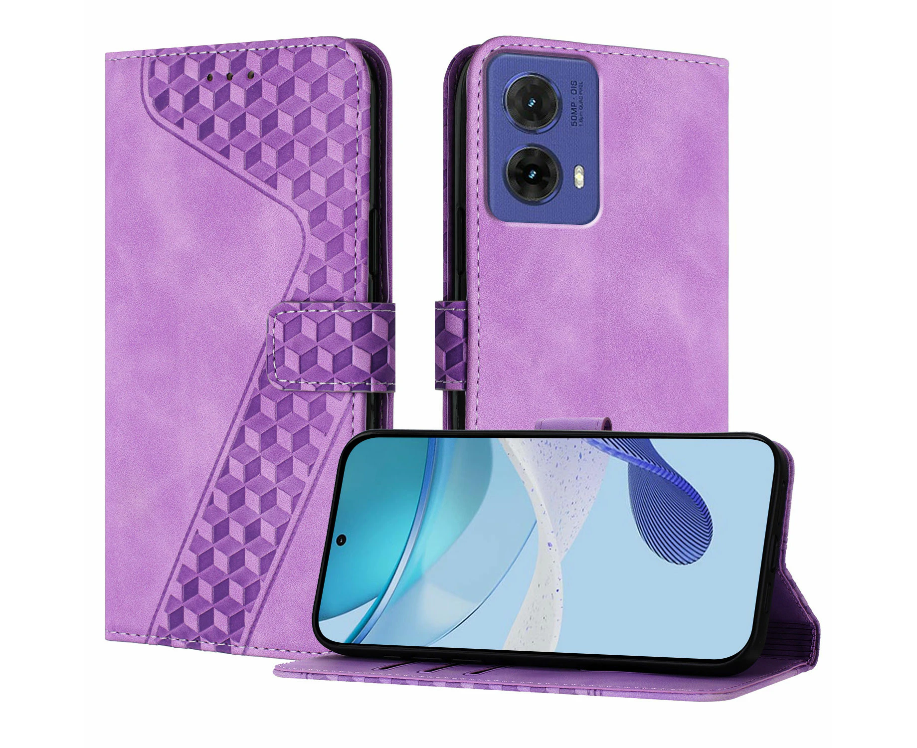 For Moto G85 5G Case With Card Holder,Durable Kickstand Shockproof Case-Purple