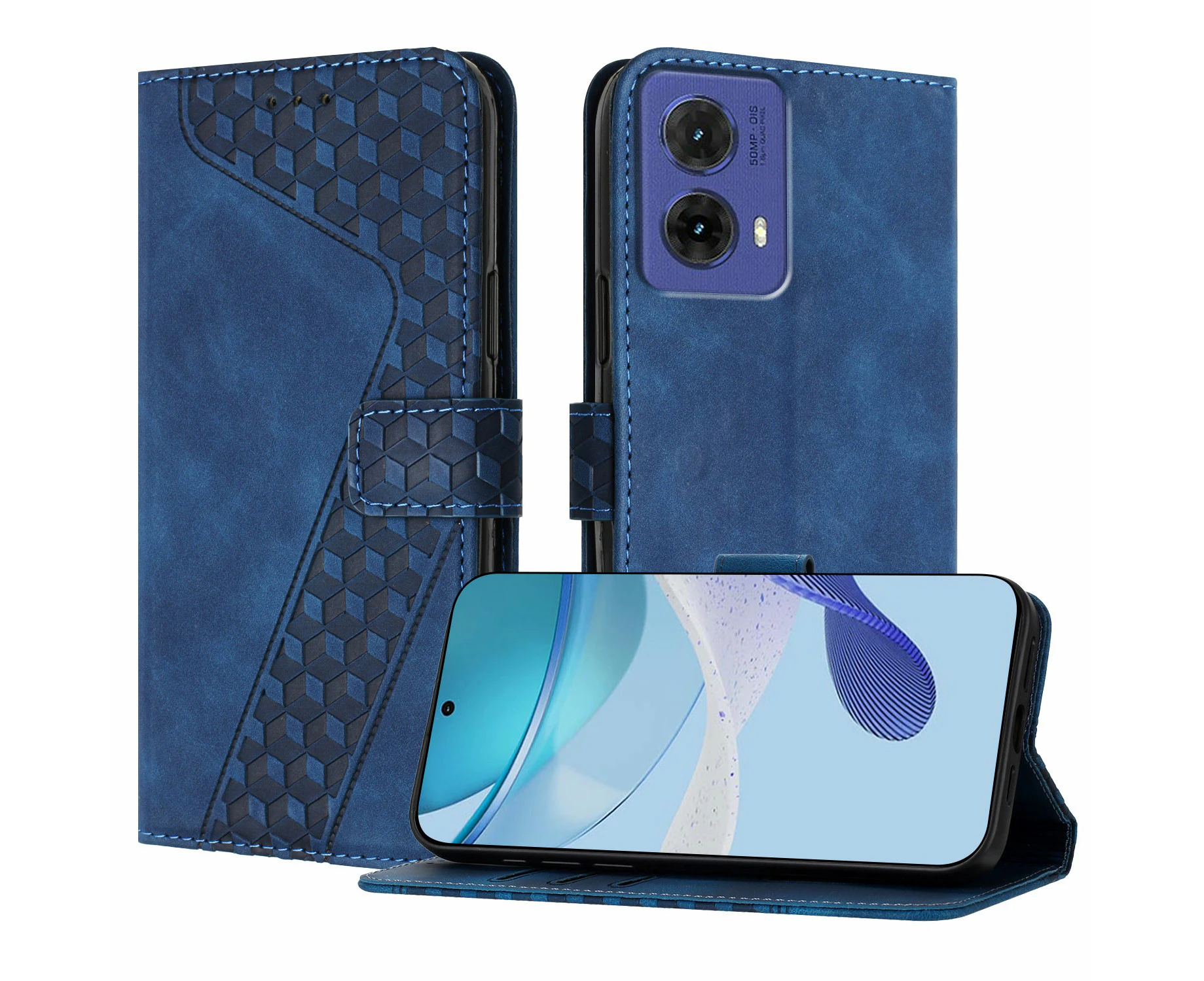 For Moto G85 5G Case With Card Holder,Durable Kickstand Shockproof Case-Blue